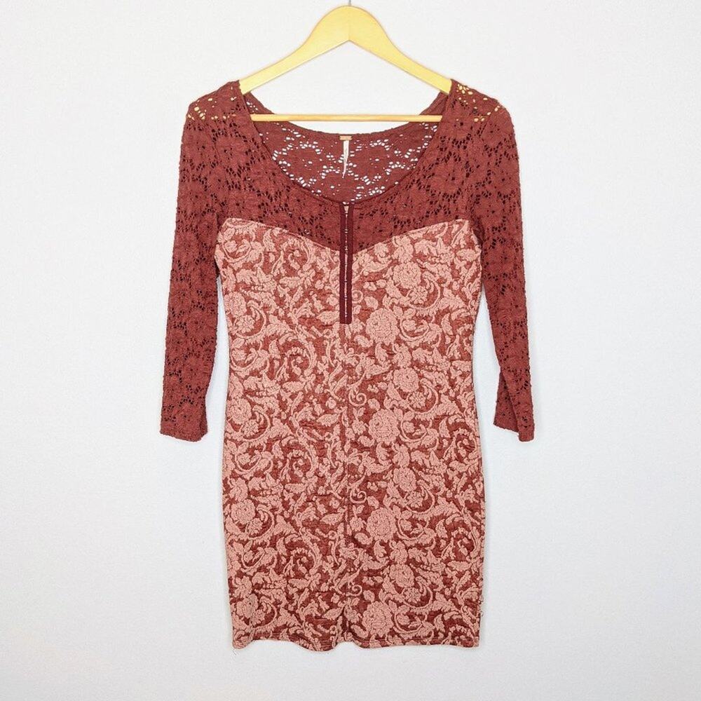 Free People Red Lace Long Sleeve Floral Mini Dress - Picture 1 of 9
